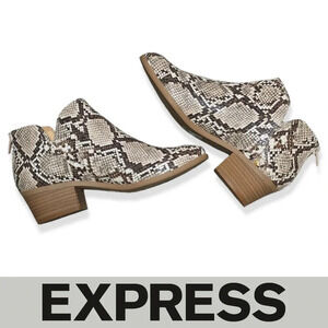 EXPRESS Snake Print Vegan Leather Block Heel Booties, Zipper Back, Western, 7